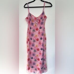 Pretty Garbage Pink Floral Print Mesh Midi Slip Dress w/ VNeck size Large